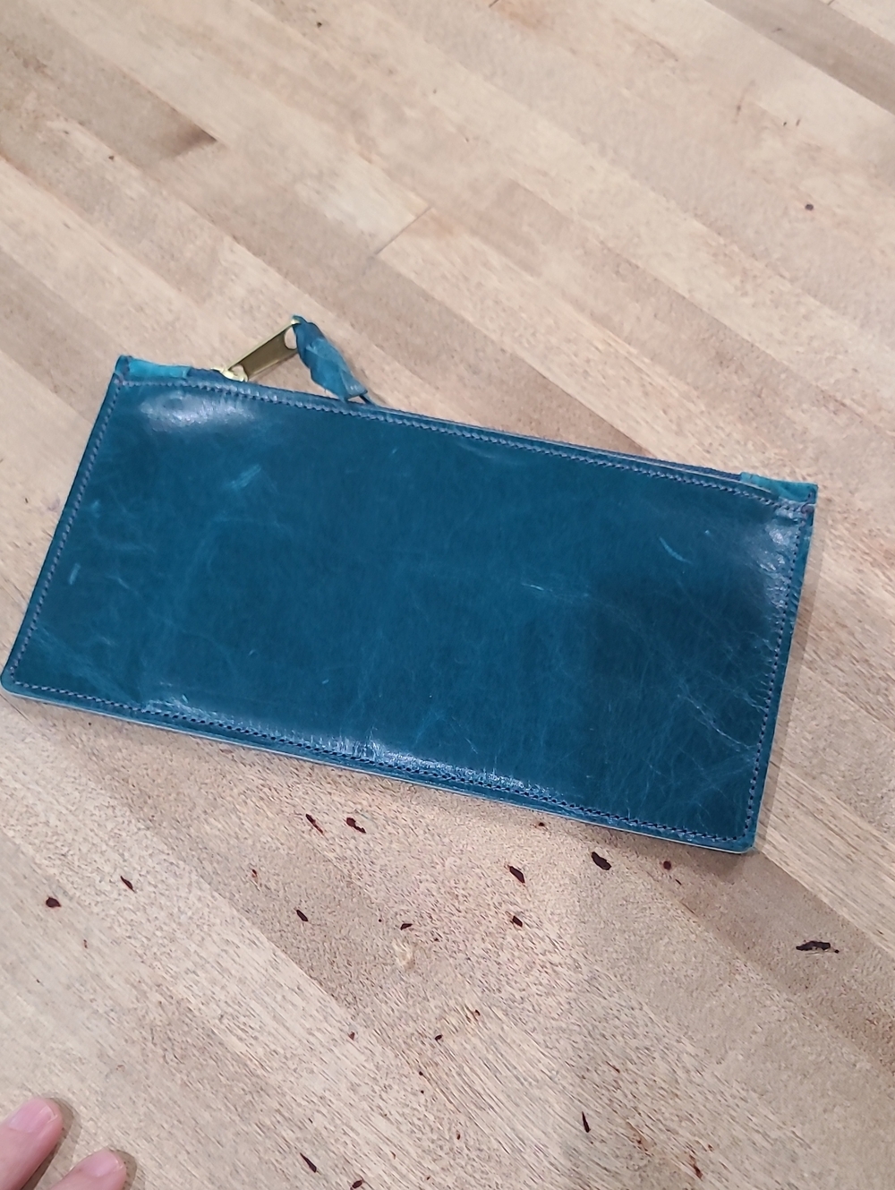 Satchel. Teal Leather Wristlet with Gold Zip
